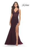 Picture of: Lace Dress with High Side Slit and V Neckline in Dark Berry, Style: 30767, Detail Picture 11