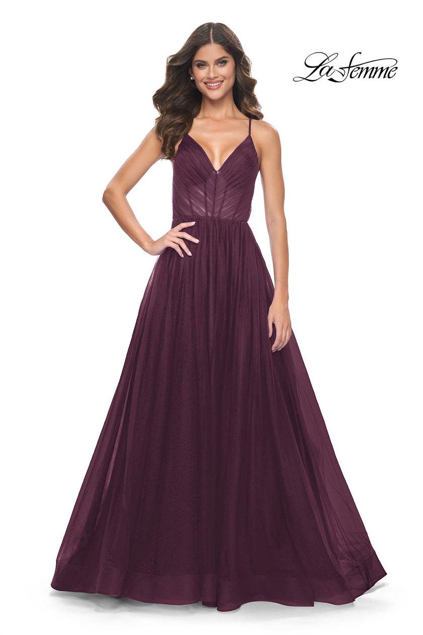 Picture of: A-Line Prom Dress with Illusion Ruched Bodice in Dark Berry, Style: 31457, Detail Picture 11