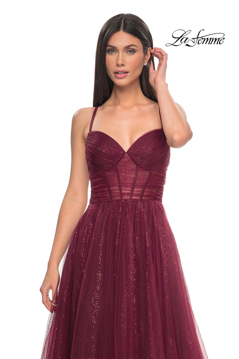 Picture of: A-Line Prom Dress with Sequin Lining and Illusion Top in Dark Berry, Style: 31986, Detail Picture 11