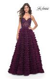 Picture of: Ruffle Tulle Prom Gown with Illusion Lace Bodice and High Slit in Dark Berry, Style: 32128, Detail Picture 11