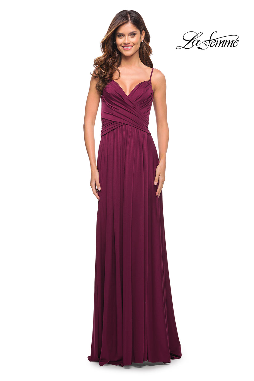 Picture of: Elegant Criss-Cross Ruched Bodice Jersey Dress in Dark Berry, Style: 30571, Detail Picture 12