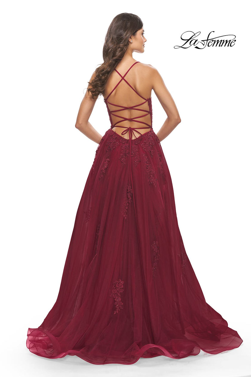 Picture of: A-line Tulle Gown with Floral Embroidery and Pockets in Dark Berry, Style: 31135, Detail Picture 12