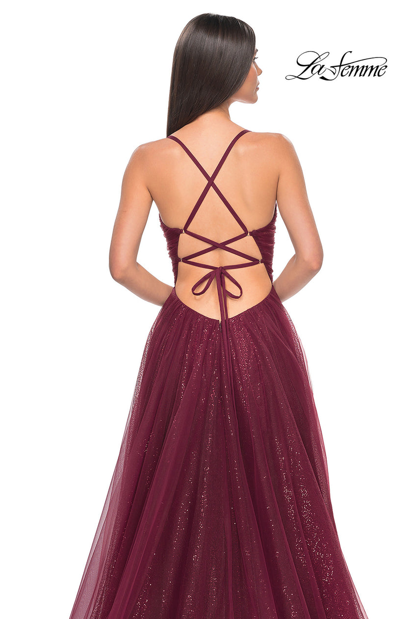 Picture of: A-Line Prom Dress with Sequin Lining and Illusion Top in Dark Berry, Style: 31986, Detail Picture 12