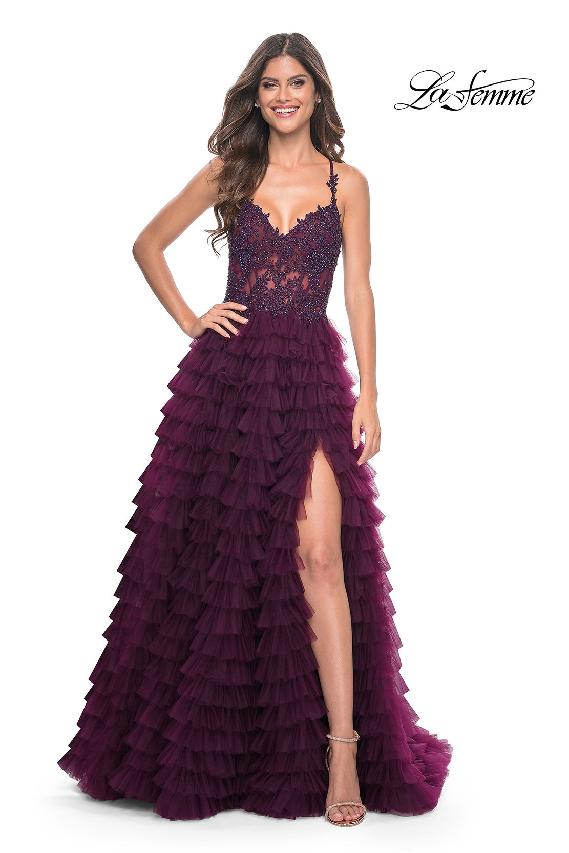 Picture of: Ruffle Tulle Prom Gown with Illusion Lace Bodice and High Slit in Dark Berry, Style: 32128, Detail Picture 12