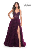 Picture of: Ruffle Tulle Prom Gown with Illusion Lace Bodice and High Slit in Dark Berry, Style: 32128, Detail Picture 12