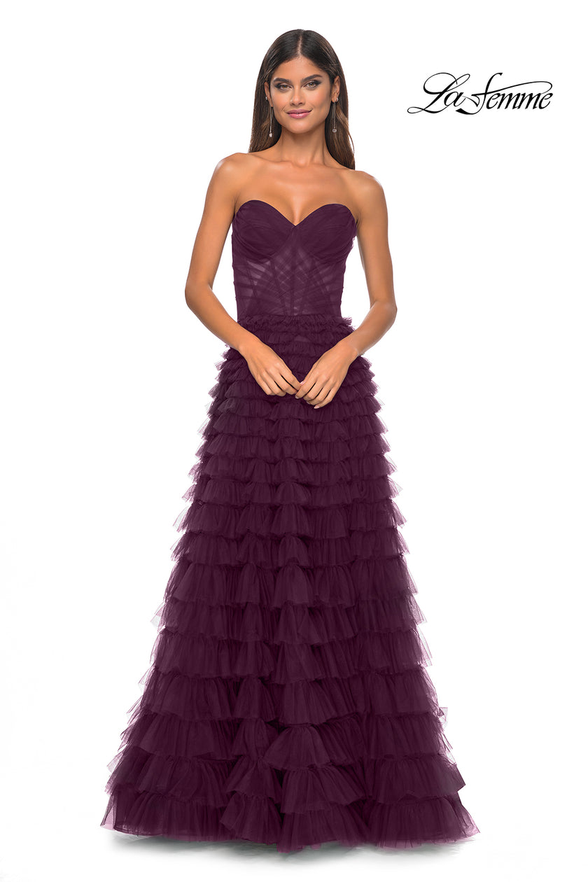 Picture of: A-Line Ruffle Tulle Prom Dress with Sweetheart Top in Dark Berry, Style: 32283, Detail Picture 12