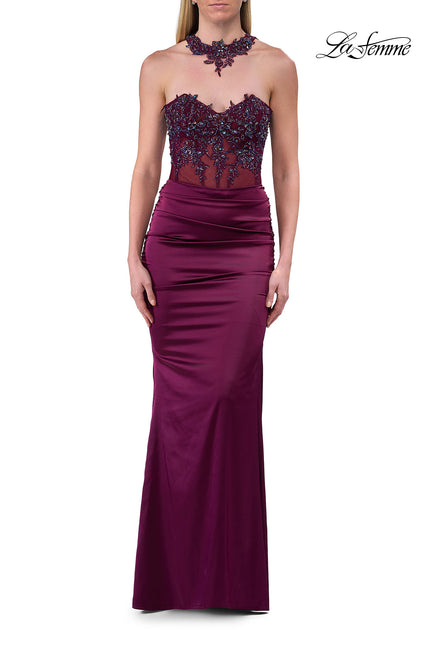 Picture of: Beaded High Neck Lace-Up Jersey Gown in Dark Berry, Style: 33696, Detail Picture 12