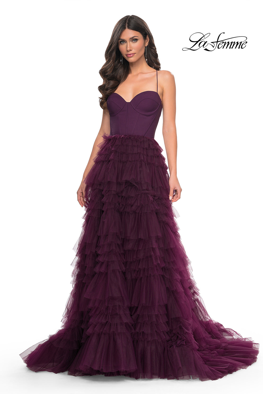 Picture of: Ruffle Tulle A-Line Dress with Satin Bustier Top in Purple, Style: 32071, Detail Picture 13