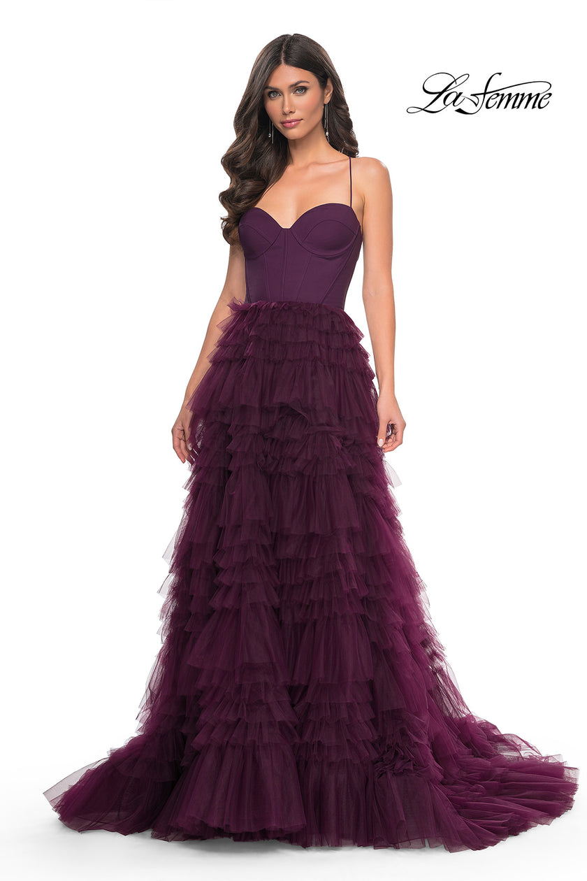Picture of: Ruffle Tulle A-Line Dress with Satin Bustier Top in Purple, Style: 32071, Detail Picture 13