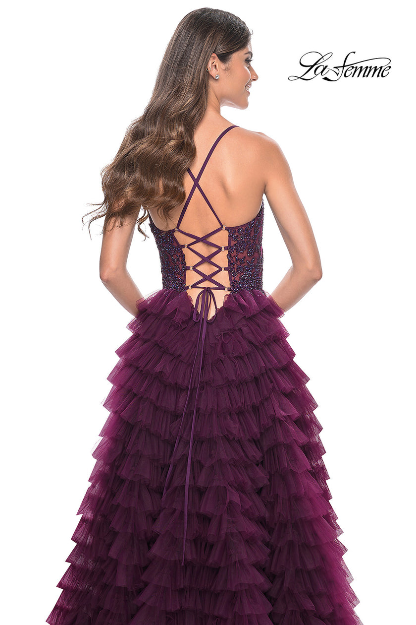Picture of: Ruffle Tulle Prom Gown with Illusion Lace Bodice and High Slit in Dark Berry, Style: 32128, Detail Picture 13