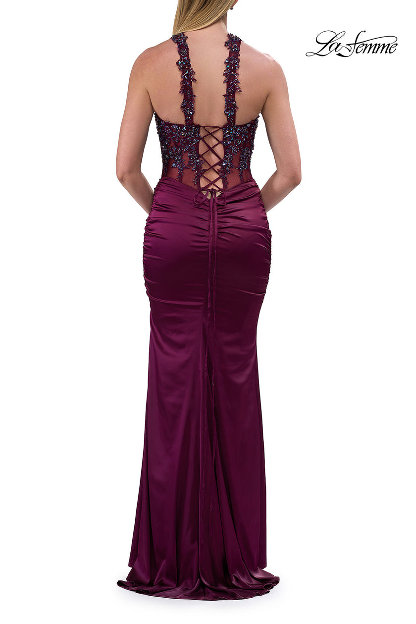 Picture of: Beaded High Neck Lace-Up Jersey Gown in Dark Berry, Style: 33696, Detail Picture 13