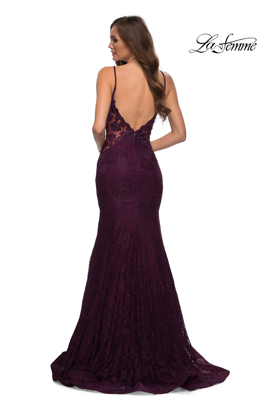 Picture of: Long Mermaid Lace Dress with Back Rhinestone Detail in Dark Berry, Style: 28355, Detail Picture 14