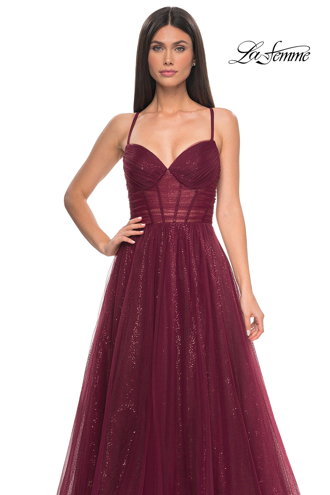 Picture of: A-Line Prom Dress with Sequin Lining and Illusion Top in Dark Berry, Style: 31986, Detail Picture 14