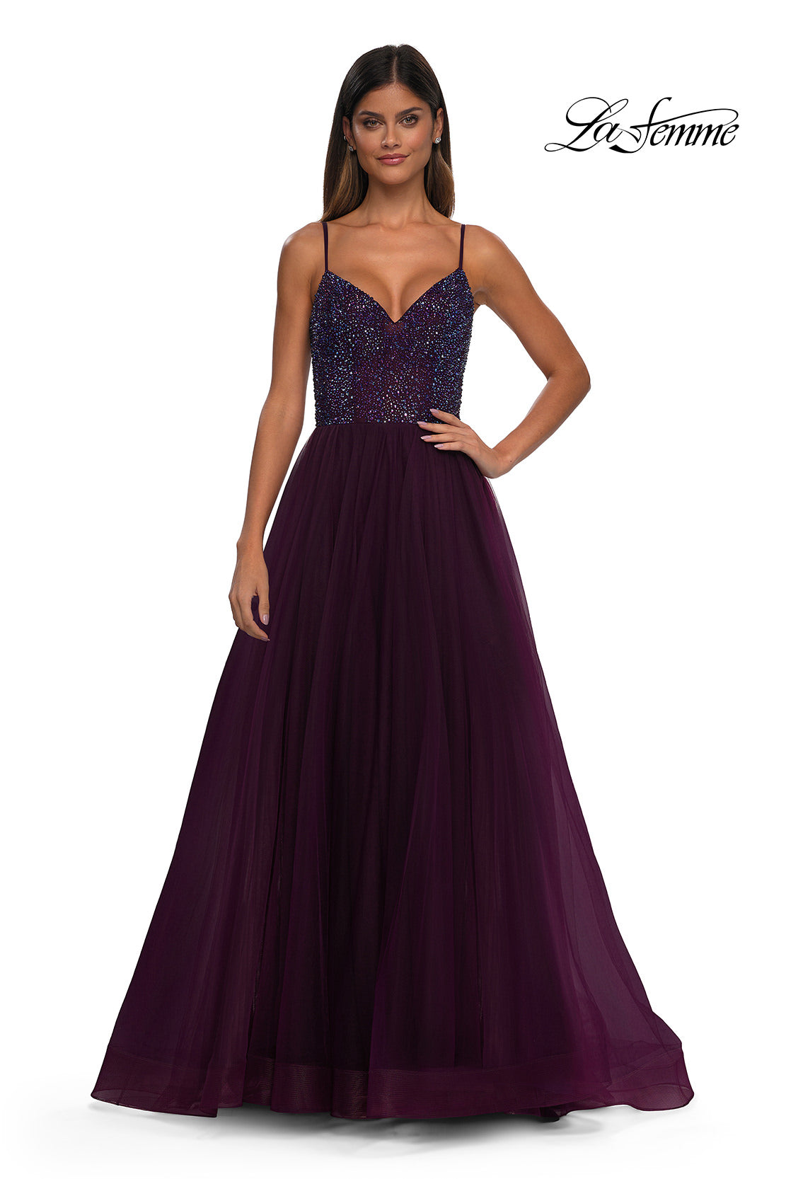 Picture of: Rhinestone Embellished Bodice Prom Dress with Full Skirt in Dark Berry, Style: 32668, Detail Picture 14
