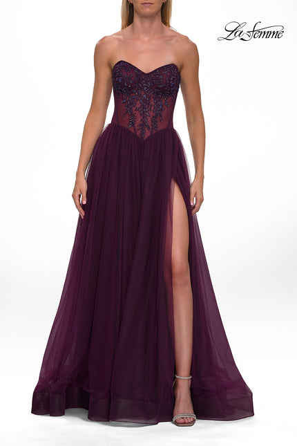 Picture of: Strapless Corset Gown with Tulle Skirt and High Slit in Dark Berry, Style: 33491, Detail Picture 14