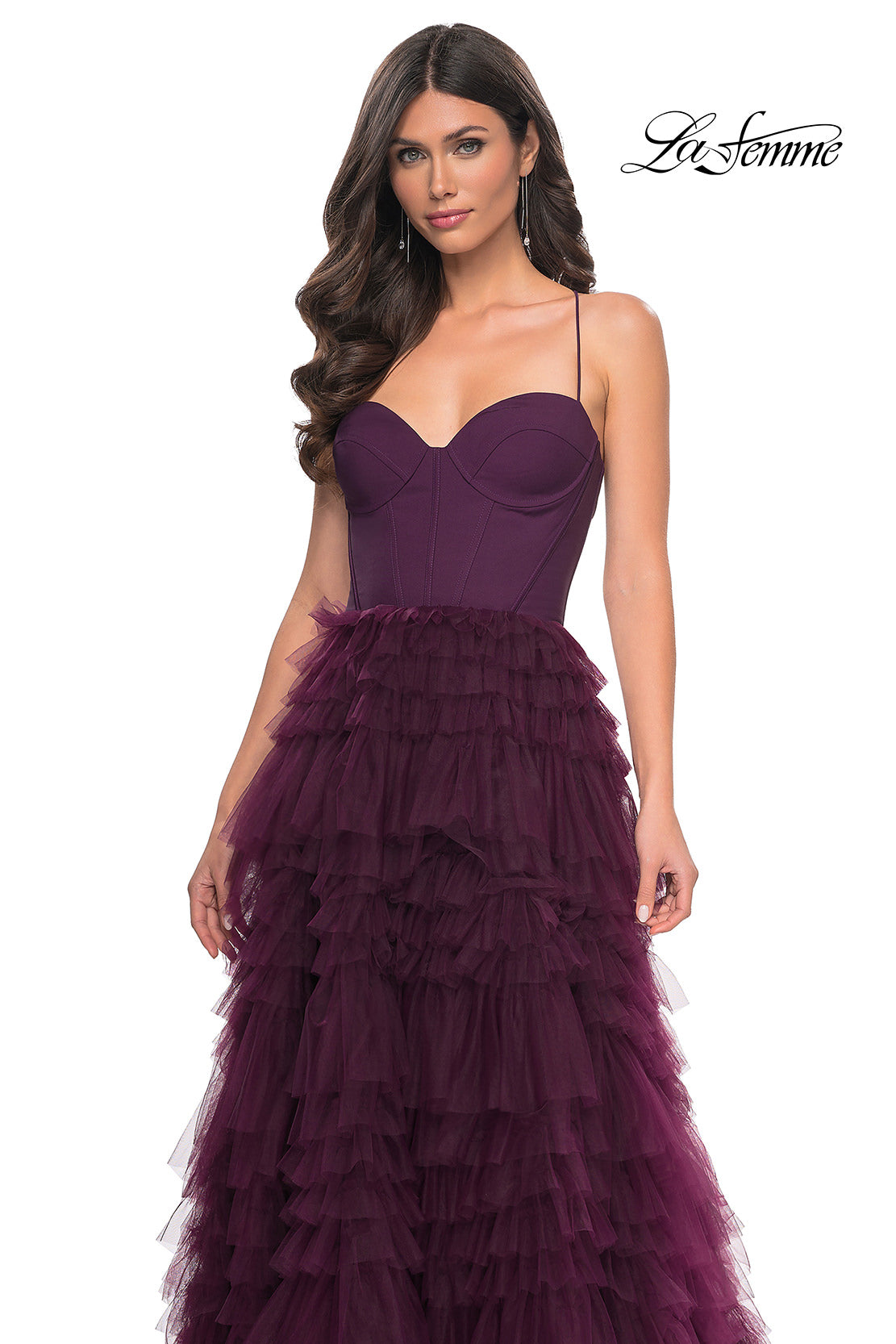 Picture of: Ruffle Tulle A-Line Dress with Satin Bustier Top in Purple, Style: 32071, Detail Picture 15