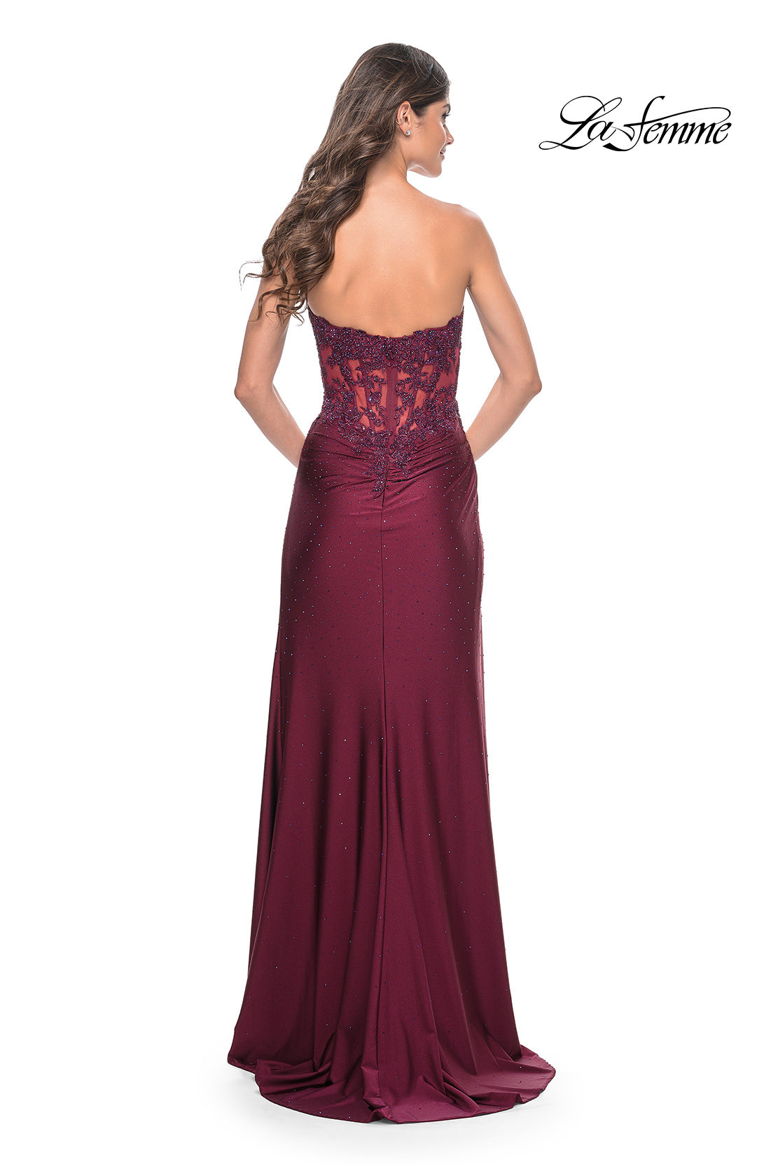 Picture of: Ruched Jersey Skirt with Lace Illusion Top and Rhinestone Prom Dress in Dark Berry, Style: 32011, Detail Picture 16