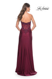 Picture of: Ruched Jersey Skirt with Lace Illusion Top and Rhinestone Prom Dress in Dark Berry, Style: 32011, Detail Picture 16