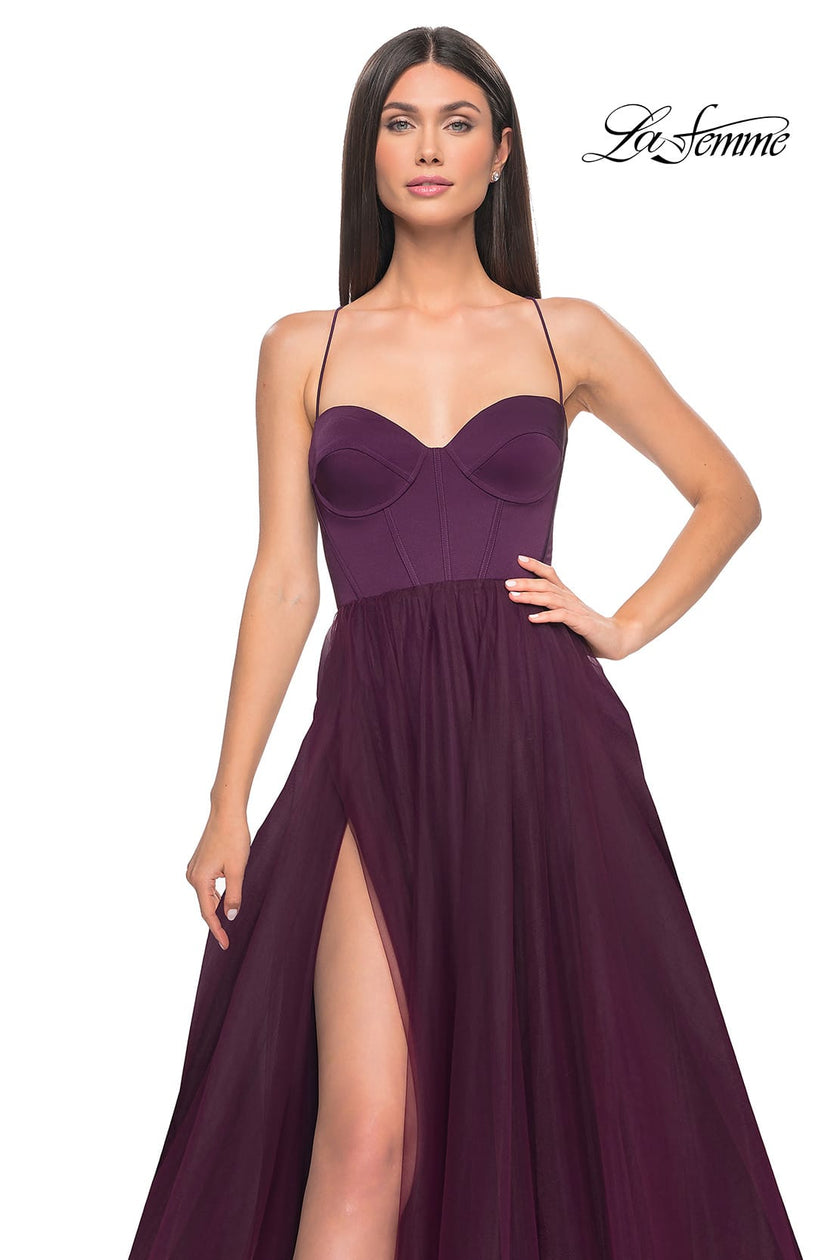 Picture of: Tulle A-Line Gown with Satin Bustier Top in Dark Berry, Style: 32065, Detail Picture 16
