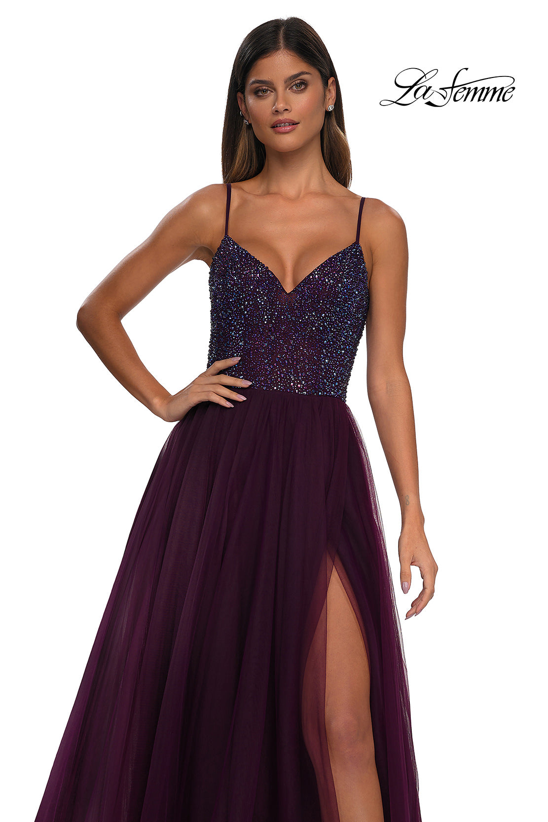 Picture of: Rhinestone Embellished Bodice Prom Dress with Full Skirt in Dark Berry, Style: 32668, Detail Picture 16