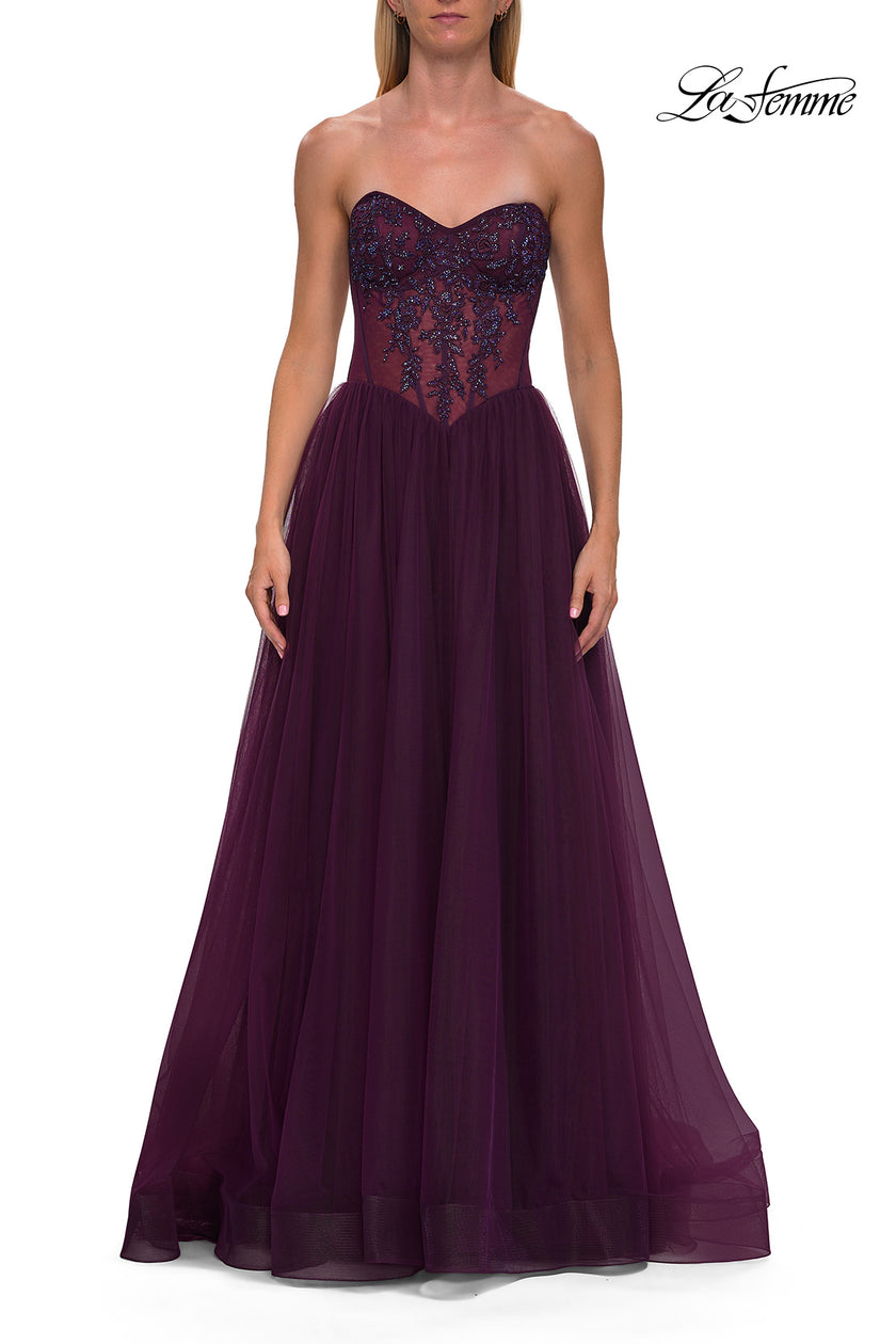 Picture of: Strapless Corset Gown with Tulle Skirt and High Slit in Dark Berry, Style: 33491, Detail Picture 16