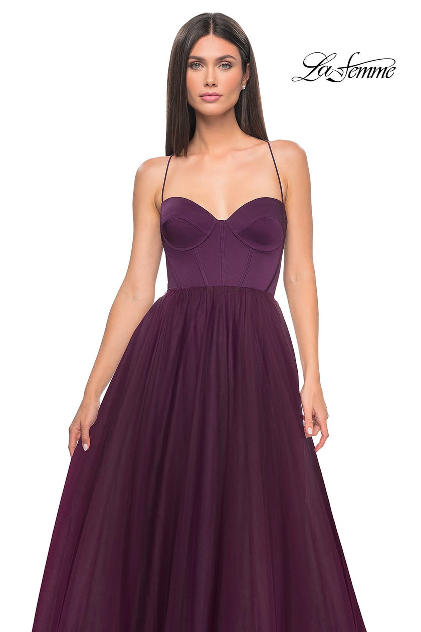 Picture of: Tulle A-Line Gown with Satin Bustier Top in Dark Berry, Style: 32065, Detail Picture 17