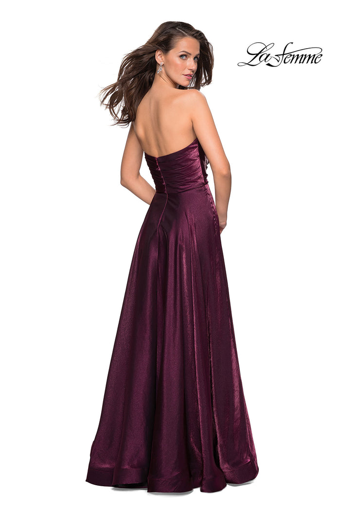Picture of: Strapless Satin Gown with Ruching and Pockets in Burgundy, Style: 27130, Back Picture