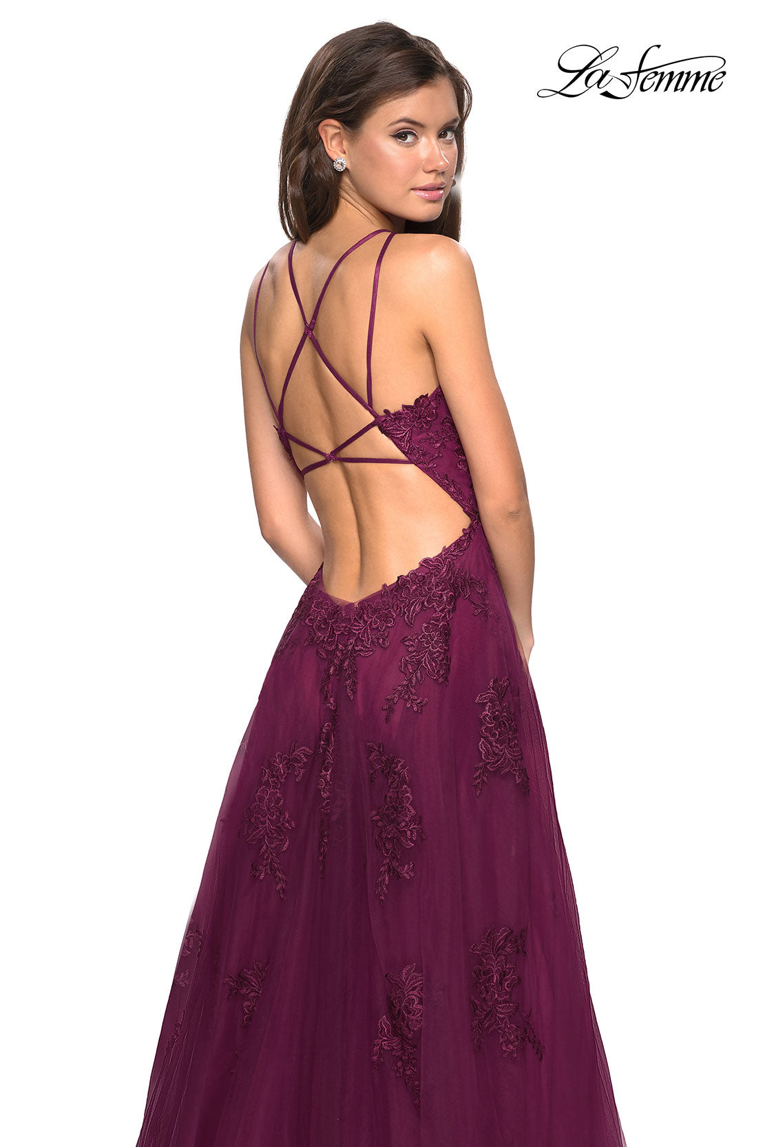 Picture of: Tulle Prom Dress with Lace Bodice and Strappy Back in Burgundy, Style: 27143, Back Picture