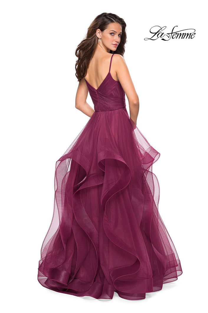 Picture of: Cascading Tulle Formal Gown with Sweetheart Neckline in Burgundy, Style: 27223, Back Picture