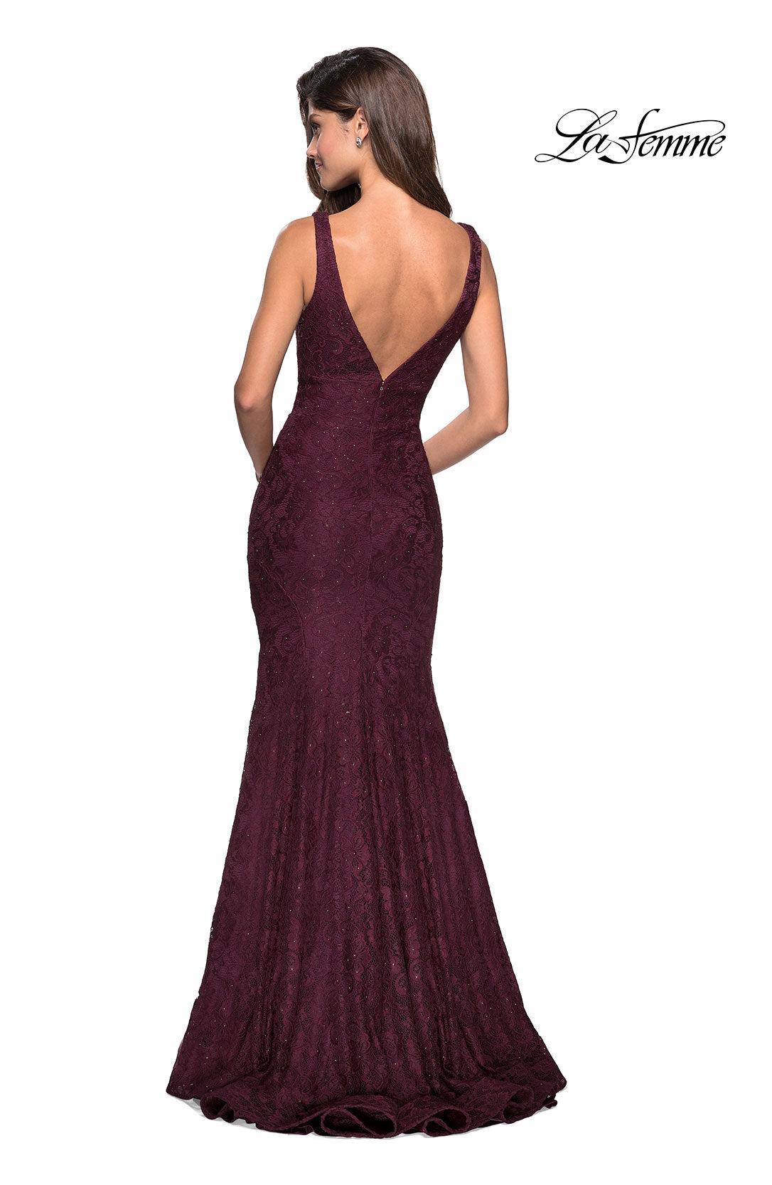 Picture of: Stretch Lace Prom Dress with Plunging Neckline in Burgundy, Style: 27464, Back Picture
