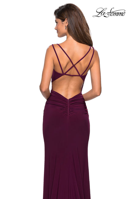 Picture of: Form Fitting Long Jersey Dress with Ruching in Burgundy, Style: 27564, Back Picture