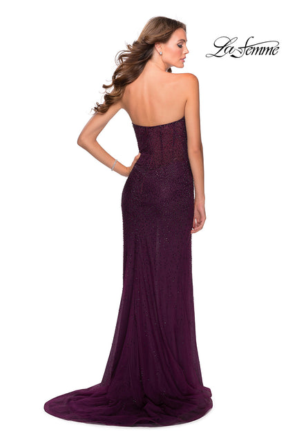 Picture of: Rhinestone Strapless Tulle Dress with Sheer Bodice in Burgundy, Style: 28621, Back Picture