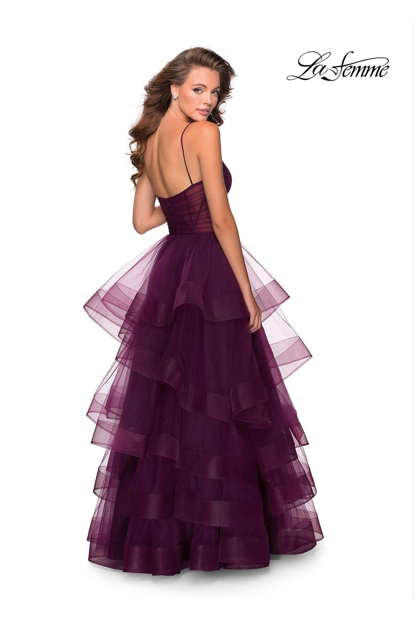 Picture of: Tiered Tulle Ball Gown with Sheer Bodice in Burgundy, Style: 28641, Back Picture