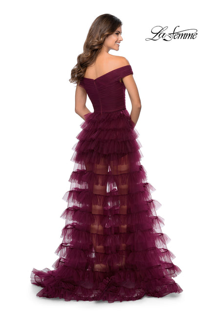 Picture of: Sheer Layered Tulle Off the Shoulder Prom Gown in Burgundy, Style: 28804, Back Picture