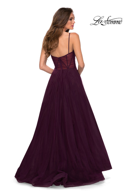 Picture of: A Line Tulle Prom Dress with Sheer Bodice in Dark Berry, Style 29076, Back Picture