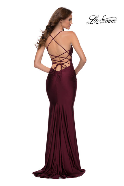 Picture of: Criss Cross Ruched Bodice Jersey Long Dress in Dark Berry, Style 29606, Back Picture