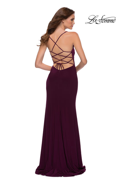 Picture of: Modern Jersey Dress with Ruffle Detail on Skirt in Dark Berry, Style 29735, Back Picture