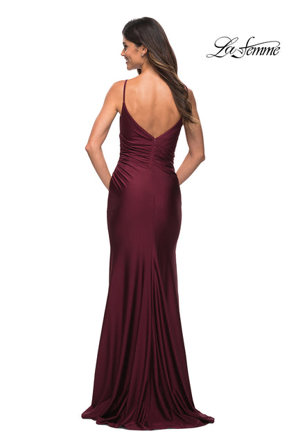 Picture of: Diagonal Ruched Jersey Gown with V Neckline in Dark Berry, Back Picture