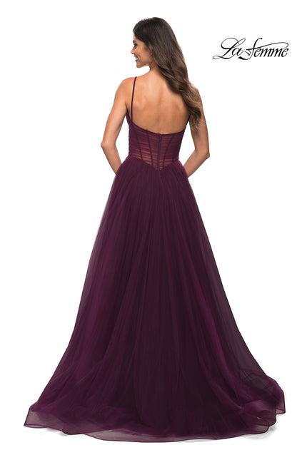 Picture of: Tulle A-line Prom Dress with Corset Sheer Bodice in Dark Berry, Back Picture