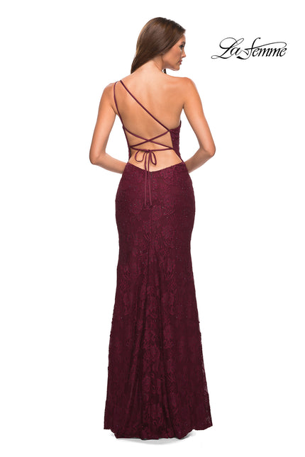 Picture of: One Shoulder Long Lace Prom Dress with Open Back in Dark Berry, Back Picture