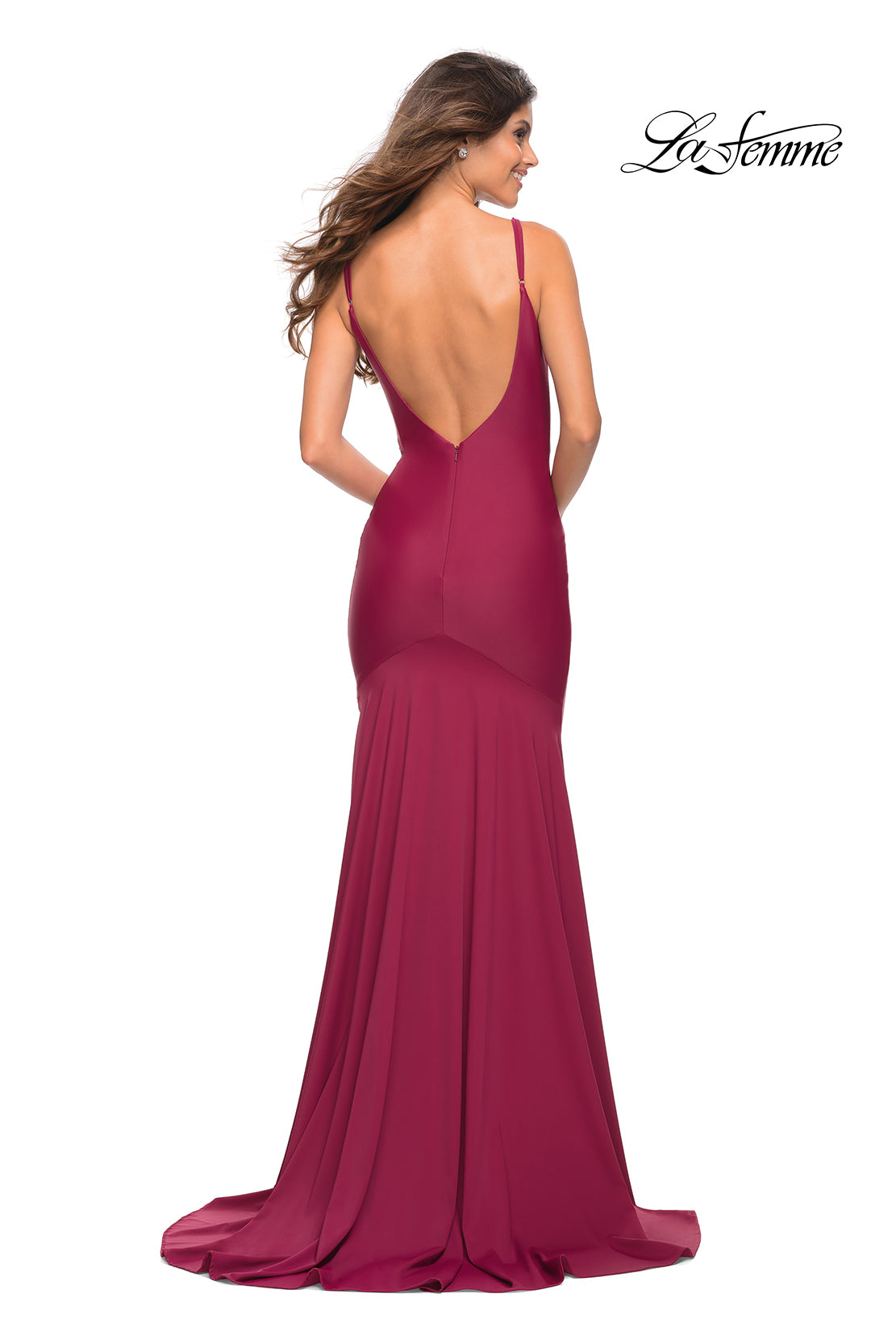 Picture of: Chic Luxe Jersey Gown with Train and V Back in Dark Berry, Back Picture