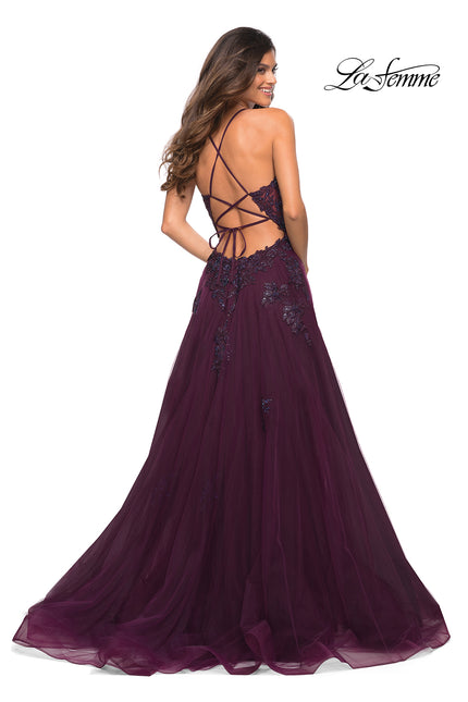 Picture of: Tulle A-line Dress with Jeweled Lace Appliques in Dark Berry, Back Picture