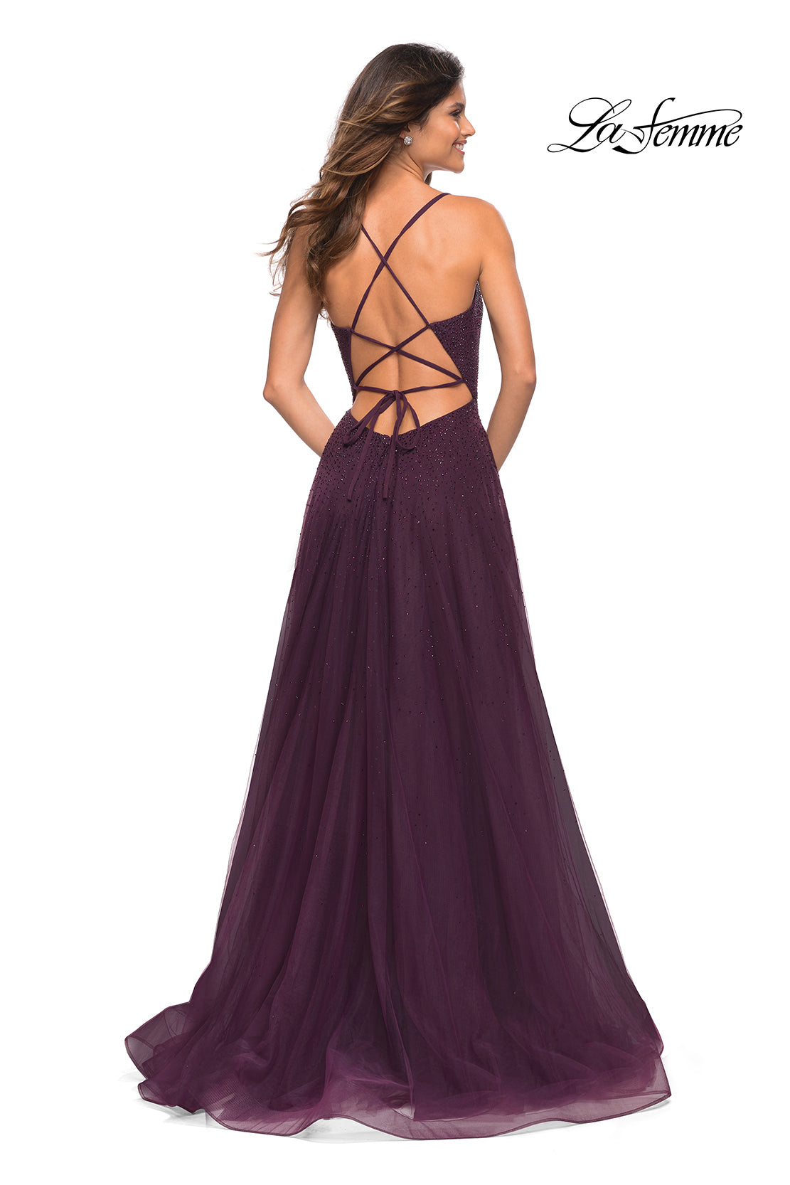 Picture of: Rhinestone and Tulle Gown with A-line Skirt in Dark Berry, Back Picture
