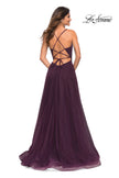 Picture of: Rhinestone and Tulle Gown with A-line Skirt in Dark Berry, Back Picture