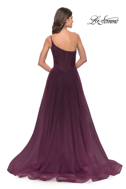 Picture of: One Shoulder A-Line Tulle Gown with Sheer Bodice in Dark Berry, Style: 31069, Back Picture