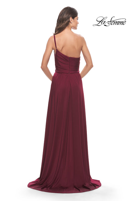 Picture of: Chic One Shoulder Long Jersey Gown with Defined Waist in Dark Berry, Style: 31170, Back Picture