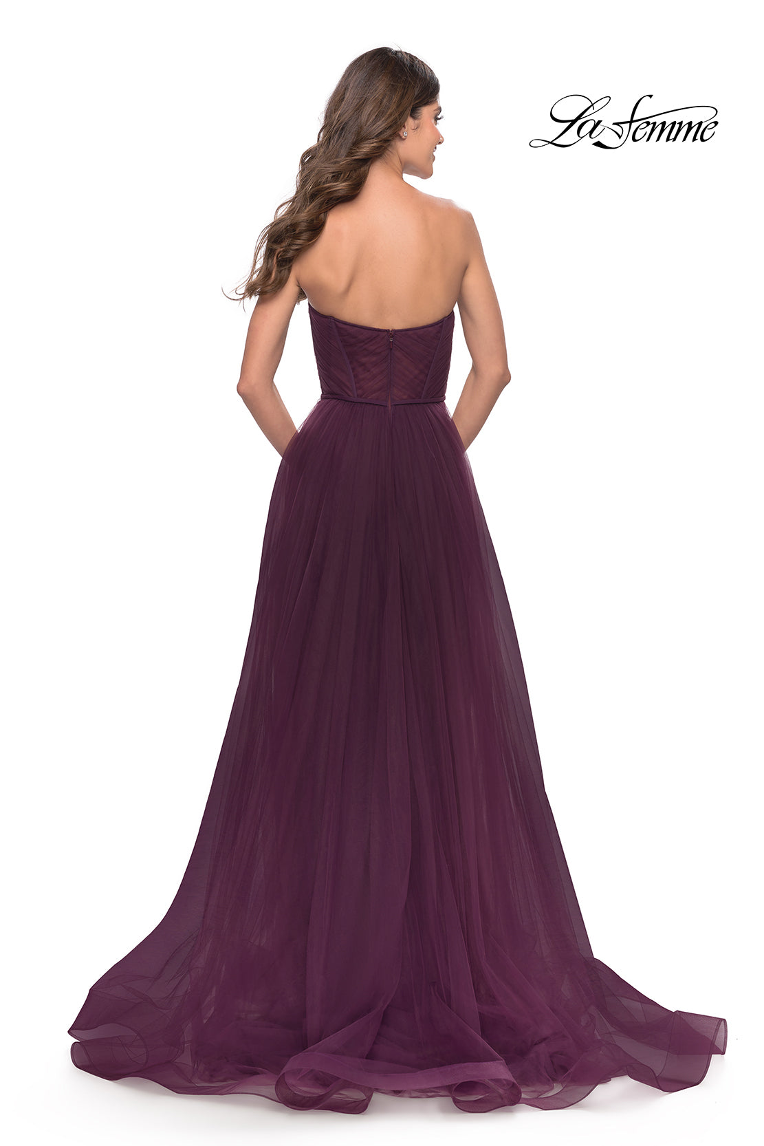 Picture of: Illusion Bodice A-line Gown with Boning and Defined Cups in Dark Berry, Style: 31205, Back Picture