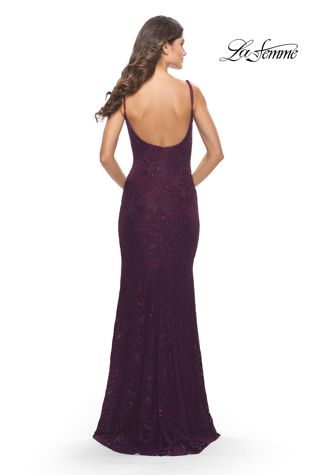 Picture of: Simple Stretch Lace Dress with Slit in Dark Berry, Style: 31259, Back Picture