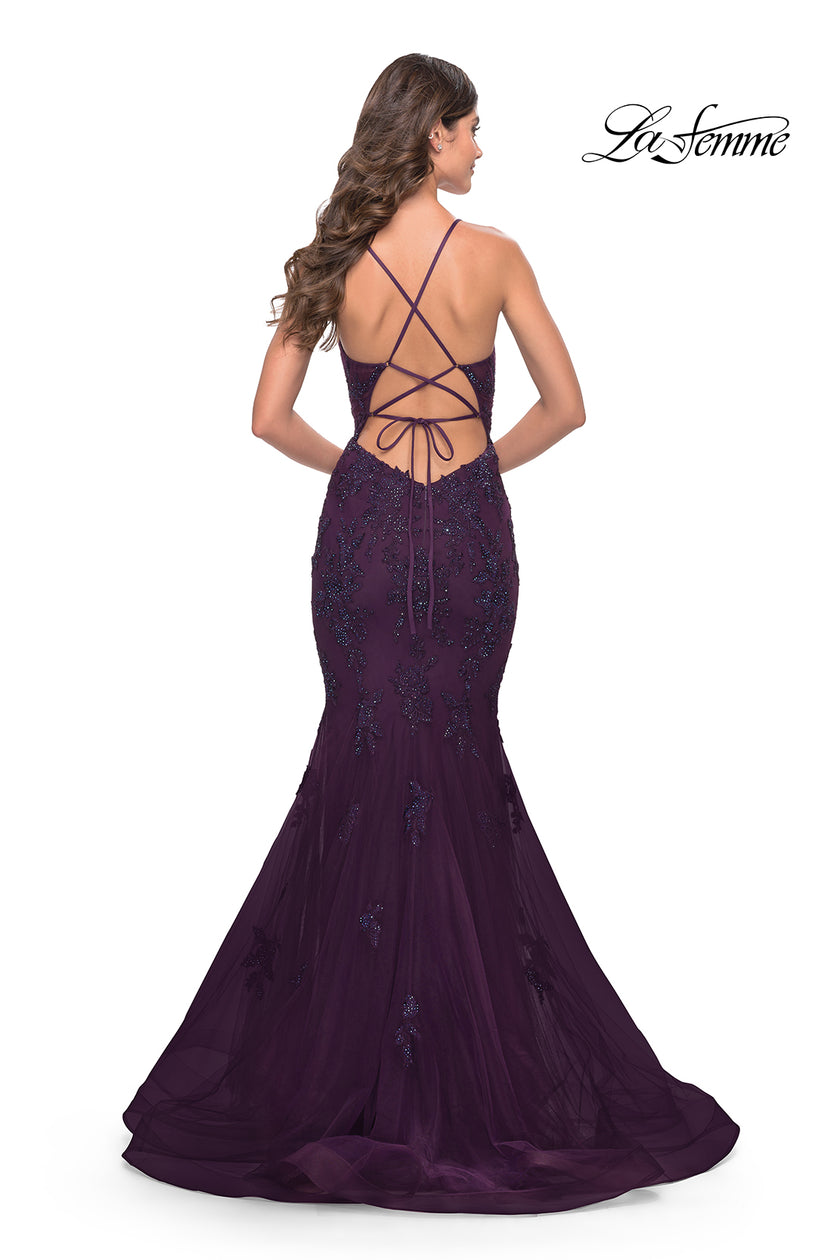 Picture of: Beautiful Mermaid Lace Applique Gown with Open Back in Dark Berry, Style: 31316, Back Picture