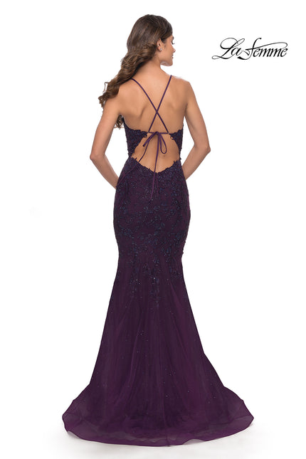 Picture of: Mermaid Tulle and Lace Gown with Open Tie Back in Dark Berry, Style: 31344, Back Picture